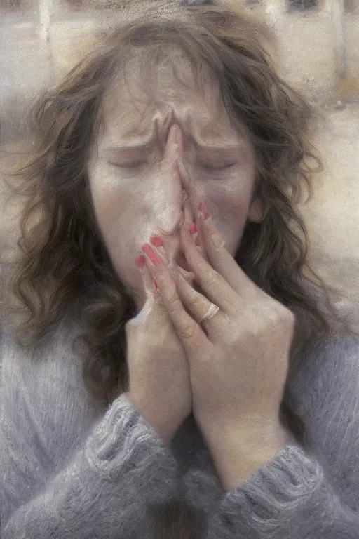 Image similar to sobbing pregnant woman under street light, jeans and sweater, winter, by Alyssa Monks, Bouguereau