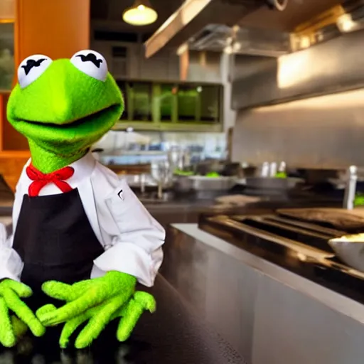 Image similar to Kermit the frog as the chef in a high end restaurant kitchen expensive gourmet fancy Michelin photo 4k journalism