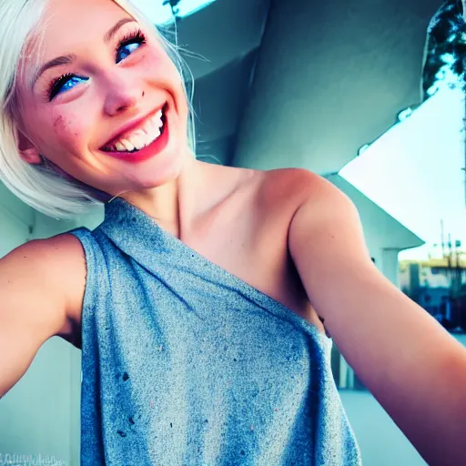 Image similar to beautiful selfie of a cute thin young woman smiling smugly, long light platinum blonde hair, flushed face, small heart - shaped face, cute freckles, light blue eyes, golden hour, 8 k, instagram