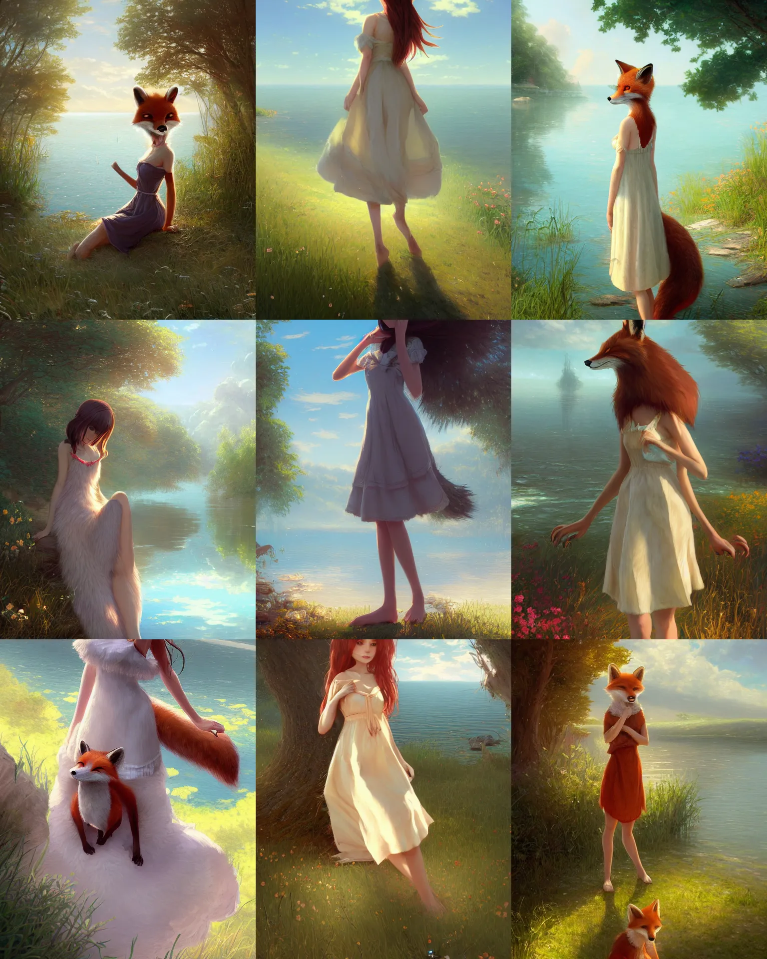 Prompt: an anthropomorphic fox girl wearing a simple sundress, beautiful lake background, illustration by greg rutkowski, thomas kindkade, artstation, furaffinity, deviantart, furry art