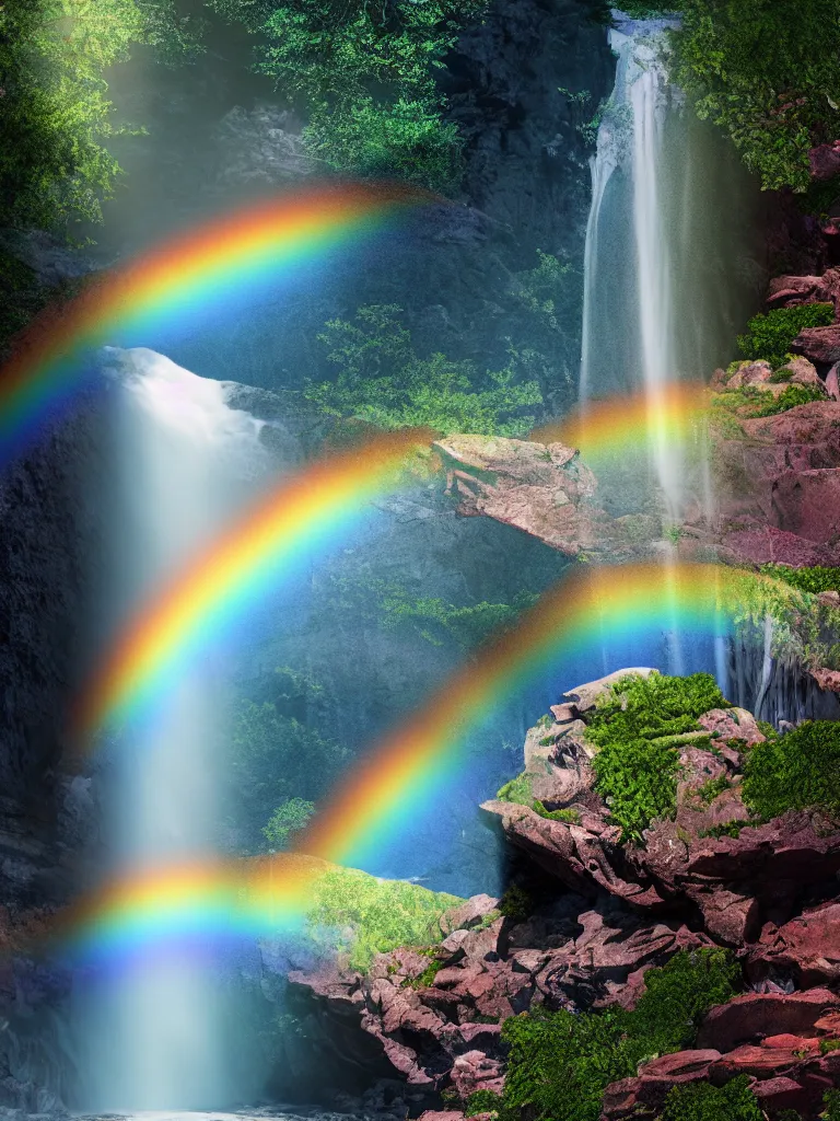 Image similar to poster art of waterfall cascading onto rocks, small rainbow emerging in background, ethereal, beautiful scenery, intricately meticulously detailed, amazing, glitter, 8 k render octane high definition