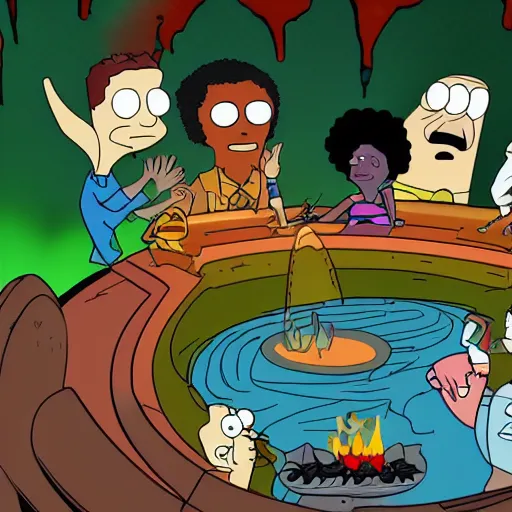 Image similar to American Dad's Roger the Alien, Frank Zappa, Jimi Hendrix, Brock Lesnar, a waterfall and pond, sunrise, campfire, a pot of gold, high definition