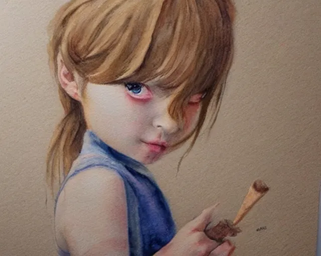 Image similar to a little girl with the ice cream watercolor colored pencil painting trending on artstation