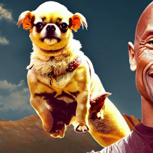 Image similar to photo of dwayne johnson riding a giant chihuaha, highly - detailed, sharp focus, award - winning