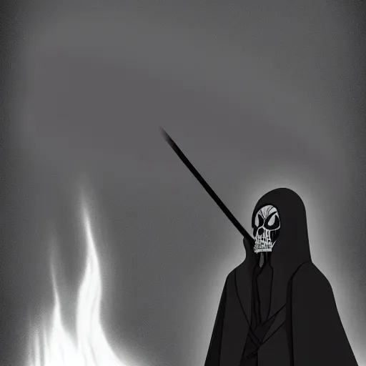 Image similar to a close shot of grim reaper standing in black smoke by studio ghibli, detailed, gloomy, horror, scary, digital art,