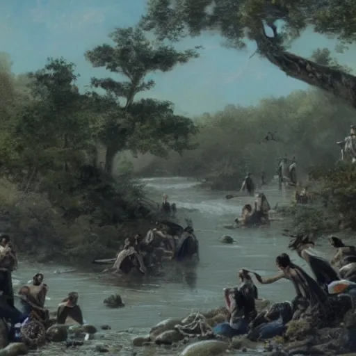 Image similar to a cinematic painting of alien tentacles emerging from the water of a river, hoards of people are gathering around the riverbed, wind blowing the leaves from the trees