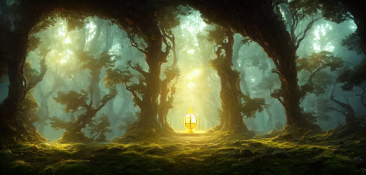 Prompt: random mystic forest huge house landscape, big glowing magic portal, central symmetrical composition, incredible, vector art, octane render, fabulous, hyper detailed, random cinematic view, no noise, global illumination, warm lighting, volumetric, godrays, vivid, beautiful, by jordan grimmer