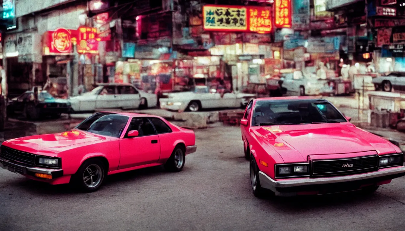 Image similar to 8 0 s asian neon movie still, portrait of a vintage muscle car, medium format color photography, blurred background, movie directed by kar - wai wong, hyperrealistic, photorealistic, high definition, highly detailed, tehnicolor, anamorphic 5 0 mm lens