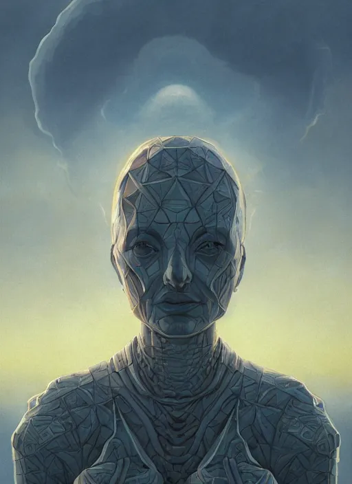 Image similar to biblical female android, hexagonal pattern on skin, glowing veins, in clouds, sunset, portrait by wayne barlowe, by peter elson, by anato finnstark, studio lighting, muted colors, by frank frazetta, extreme detail, reflections, trending on artstation, 8 k