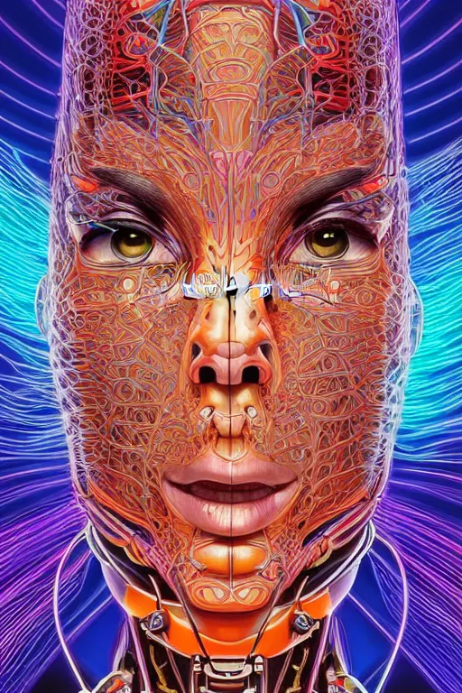 Prompt: Portrait of Kasumi Arimura wearing epic bionic cyborg implants of different vibrant colors, detailed intricate ornate cables connected to head, portrait front face reference, by Dan Mumford and Naoto Hattori, extremely beautiful and proportionate, masterpiece, intricate, highly detailed, digital painting, Matrix Theme, artstation, concept art, crepuscular rays, smooth, sharp focus, illustration, background made from fractals of vibrant universe stars, cyberpunk colors, volumetric lighting, art by artgerm and james jean and Nick Sullo