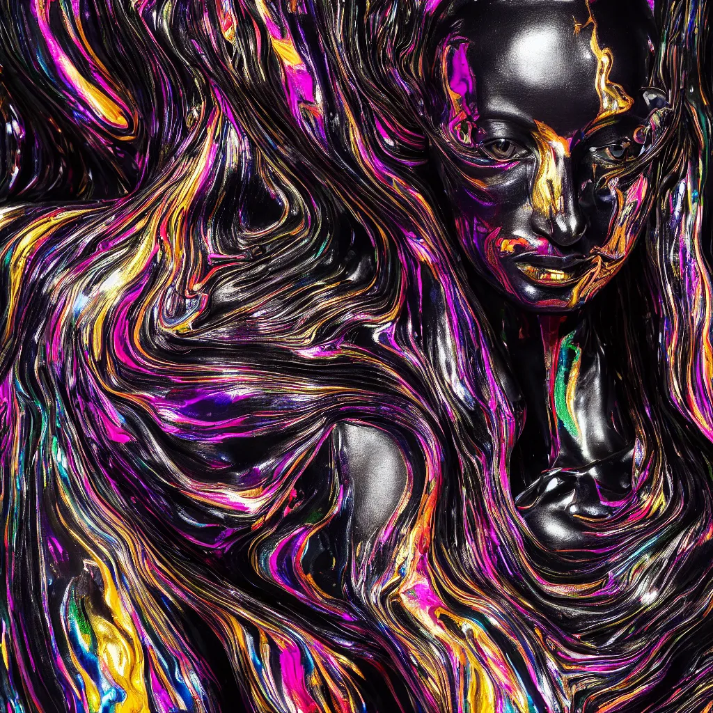 Prompt: hyperdetailed masterpiece portrait of a glossy black marble statue of a woman covered in colorful metallic liquid in the style of virgil abloh and ingrid baars, offwhite, heron prestorn, denoise, vogue, paris, fashion, louvre museum, highly detailed, realistic, hyperreal, 8 k, 4 k, render