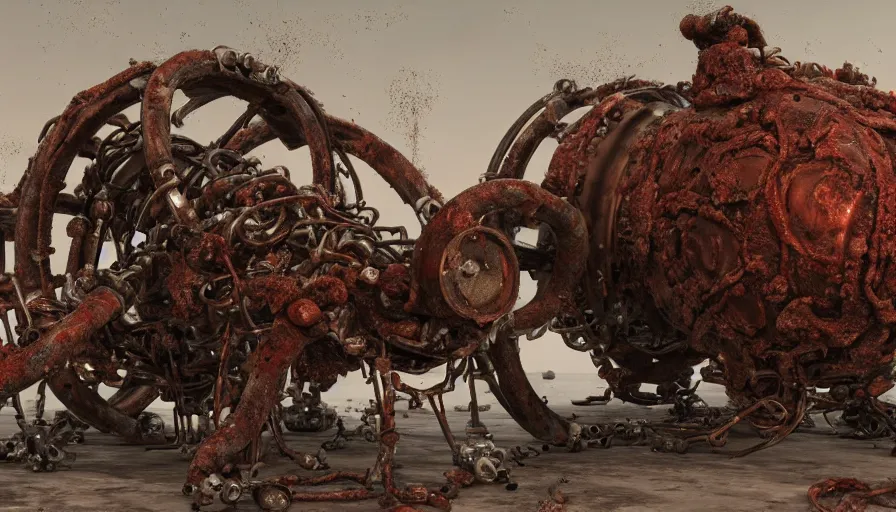 Image similar to Techno-biological rusty modern double cannon tank consisting of tumors, meat, veins, bones, guts, kidneys, wires. Biopunk, body-horror, high detail, photorealism, full length view, very rust, concept art, octane render, 16k, 8k