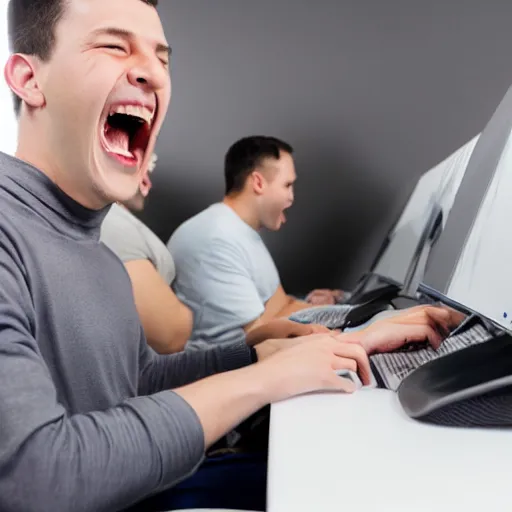 Image similar to several guys typing on keyboard while laughing very hard, mouth wide open tsticking tongues out, studio light, grey background, photorealsitic