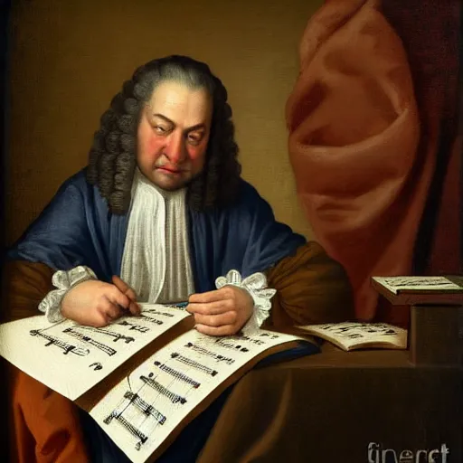 Image similar to highly detailed painting of bach writing a piece of music on a sheet of paper, he is inside of a wooden shack, 4 k resolution, by jaquis luis david, visible paint layers, renaissance.