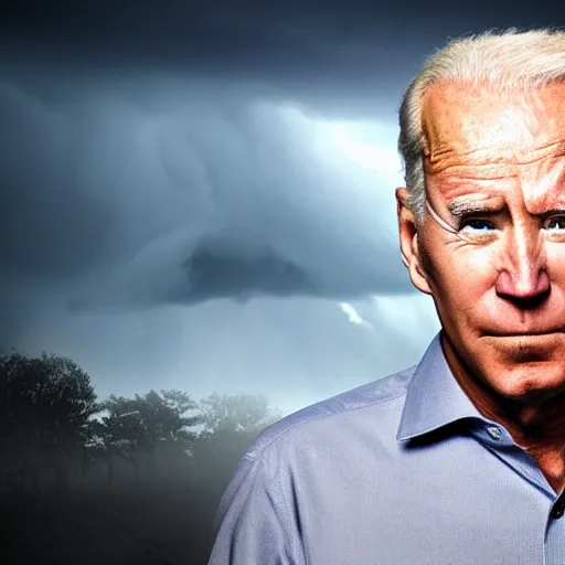 Prompt: ominous portrait of joe biden with glowing eyes, dramatic storm clouds, high contrast