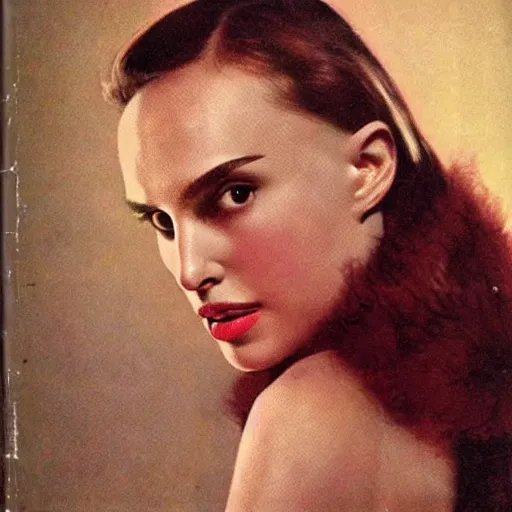 Image similar to “Natalie Portman portrait, color vintage magazine illustration 1950”