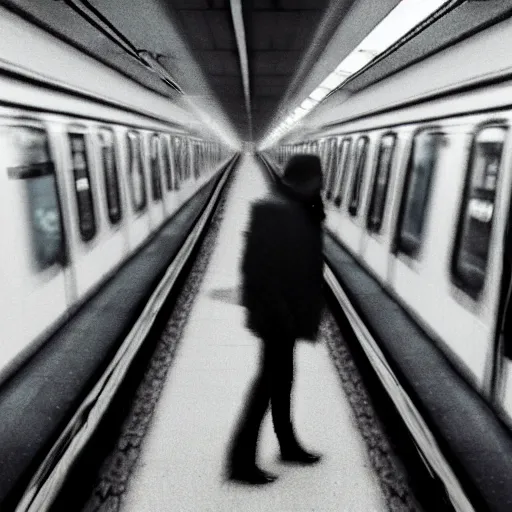 Image similar to ominous grainy surveillance photo still of scary monster in style of trevor henderson inside toronto subway