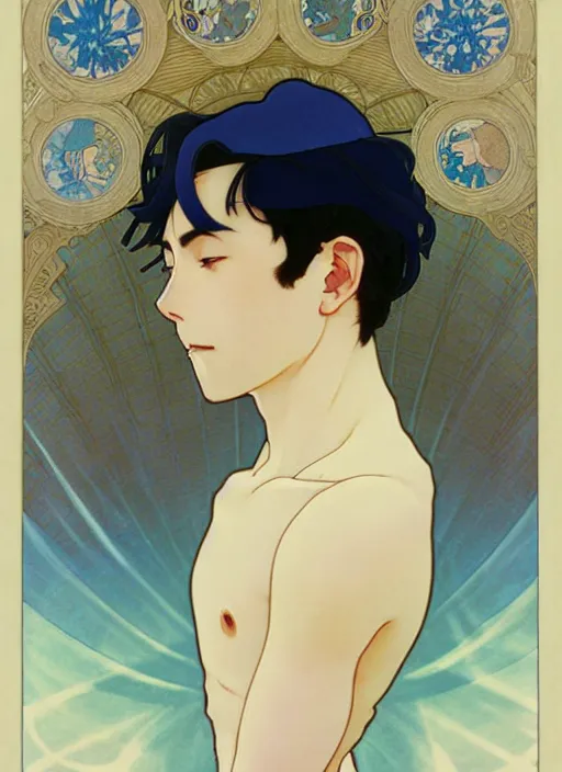 Image similar to handsome young man with short black hair, male, dressed in blue, looking down, half body shot, arms down, path traced, highly detailed, high quality, digital painting, by studio ghibli and alphonse mucha, leesha hannigan, hidari, art nouveau, chiho aoshima, posuka demizu, atey ghailan