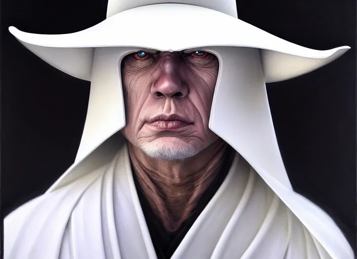 Image similar to portrait shot of white darth vader in ghost in the shell wearing a cowboy hat, intricate, elegant, highly detailed, centered, digital painting, artstation, concept art, smooth, sharp focus, illustration, artgerm, tomasz alen kopera, peter mohrbacher, donato giancola, joseph christian leyendecker, wlop, boris vallejo