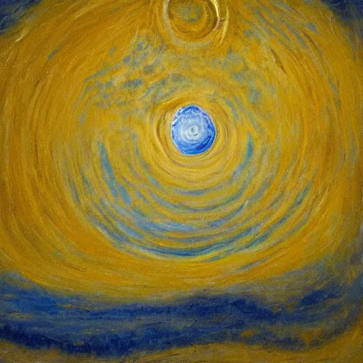 Prompt: Oil-on-canvas painting of a blue night sky with roiling energy. A fuzzy and bright yellow crescent moon shining at the top. Below the exploding yellow stars and radiating swirls of blue, a distant village sits quietly on the right. Connecting earth and sky is a flame-like cypress tree with curling and swaying branches on the left. A church spire rises as a beacon over rolling blue hills.