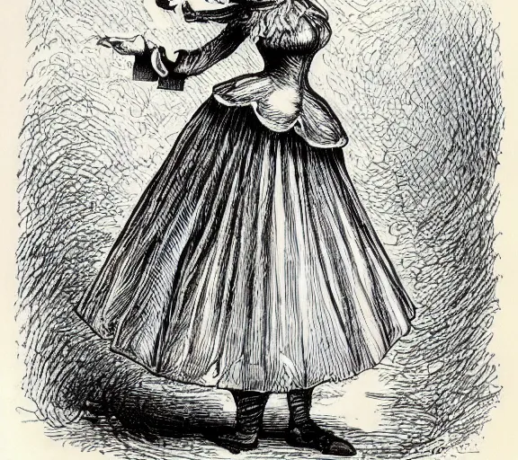 Image similar to Tenniel illustration portrait of Alice, walking in wonderland