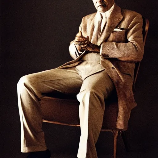 Image similar to charismatic, wise man, sitting on a chair, photo for vogue by annie liebovitz