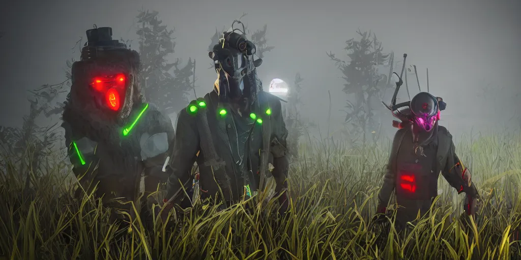 Prompt: inside of strange misty estuary landscape a gamekeeper wearing a steampunk and neonpunk mechanical fluorescent mystical animal mask and red hood. in style of fornite game. night fog, beautiful render, octane render