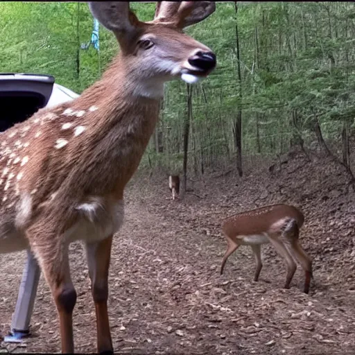 Prompt: trailcam footage of elon musk eating a deer