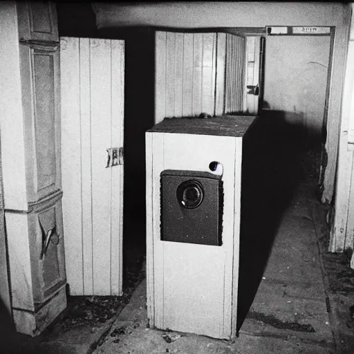 Image similar to cursed Photograph of an old number station playing an emergency warning, dust in the air, brown wood cabinets, SCP, taken using a film camera with 35mm expired film, bright camera flash enabled, award winning photograph, sleep paralysis demon crabwalking towards camera, creepy, liminal space, in the style of the movie Pulse