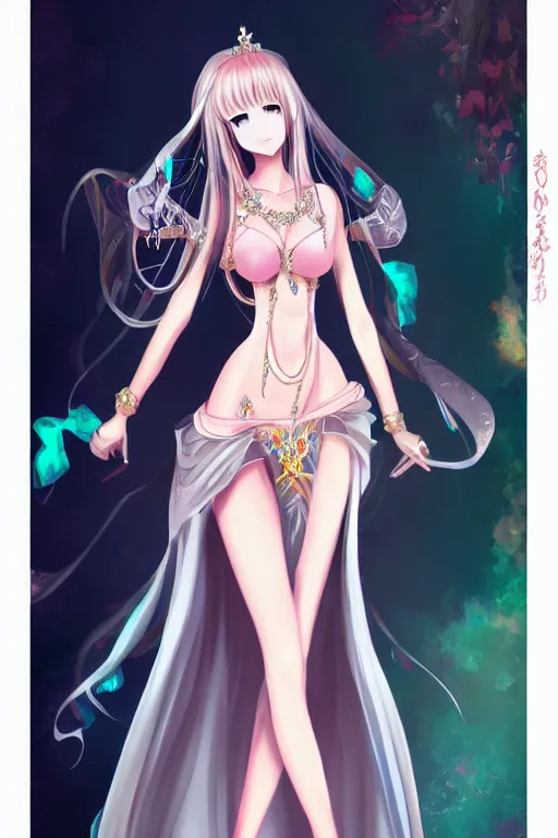 Image similar to Anime sad princess in full figure wearing an exotic evening gown, heargear and jade necklace, evening, detailed painting, WLOP, Artstation