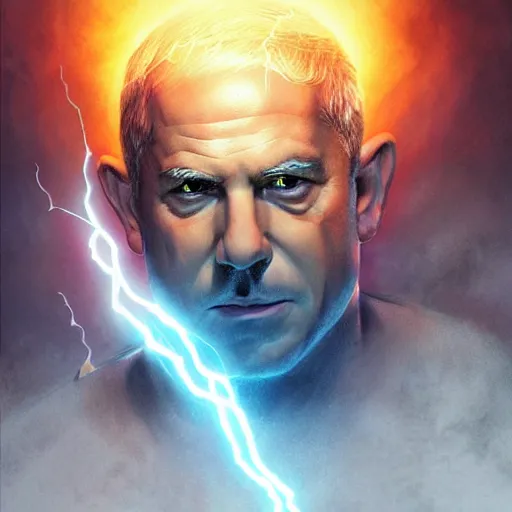 Image similar to benjamin netanyahu as the greek god of lightning, lightning bolts, highly detailed, ultra clear, by artgerm and greg rutkowski