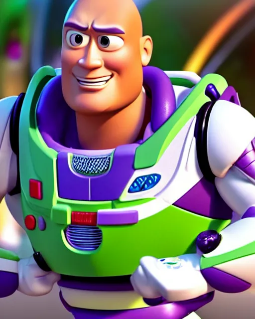 Image similar to Film still close-up shot of Dwayne Johnson as Buzz Lightyear in the movie Toy Story 3. Photographic, photography