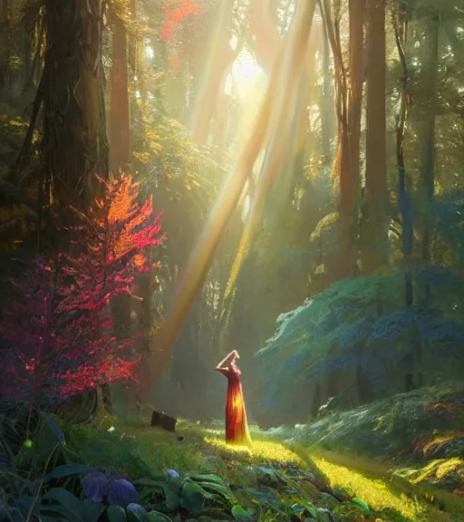 Image similar to highly detailed portrait of women wearing rainbow gown in middle of colorful forest in gta v, stephen bliss, unreal engine, fantasy art by greg rutkowski, loish, rhads, ferdinand knab, makoto shinkai and lois van baarle, ilya kuvshinov, rossdraws, tom bagshaw, global illumination, radiant light, detailed and intricate environment