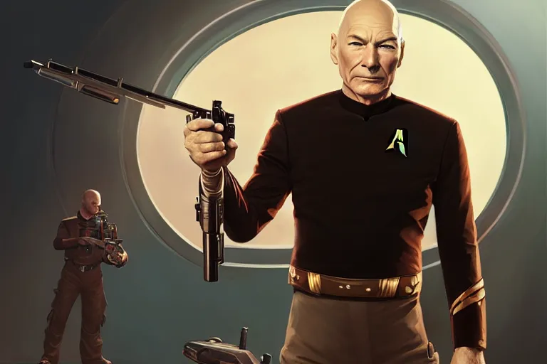 Prompt: portrait of patrick stewart holding an shotgun, star trek set in background, charlie bowater, artgerm, ilya kuvshinov, krenz cushart, ruan jia, realism, ultra detailed, 8 k resolution