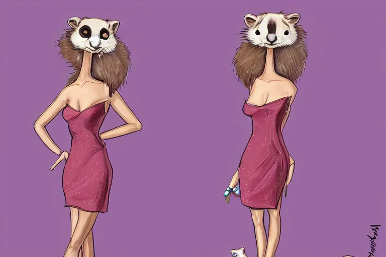 Prompt: detailed illustration : ferret character : wearing diamonds : wearing a stravagant dress : wearing stiletto : head torso legs feet : behance artstation