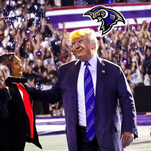 Prompt: Donald trump skate boarding his way to a super bowl victory for the Ravens