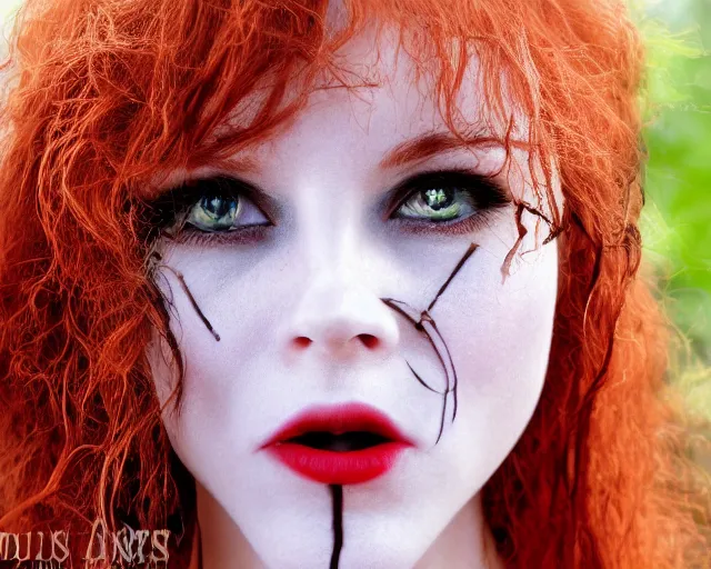 Image similar to award winning 5 5 mm close up face portrait photo of an anesthetic and beautiful redhead vampire lady who looks directly at the camera with bloodred wavy hair, intricate eyes that look like gems and long sharp fangs, in a park by luis royo. rule of thirds.