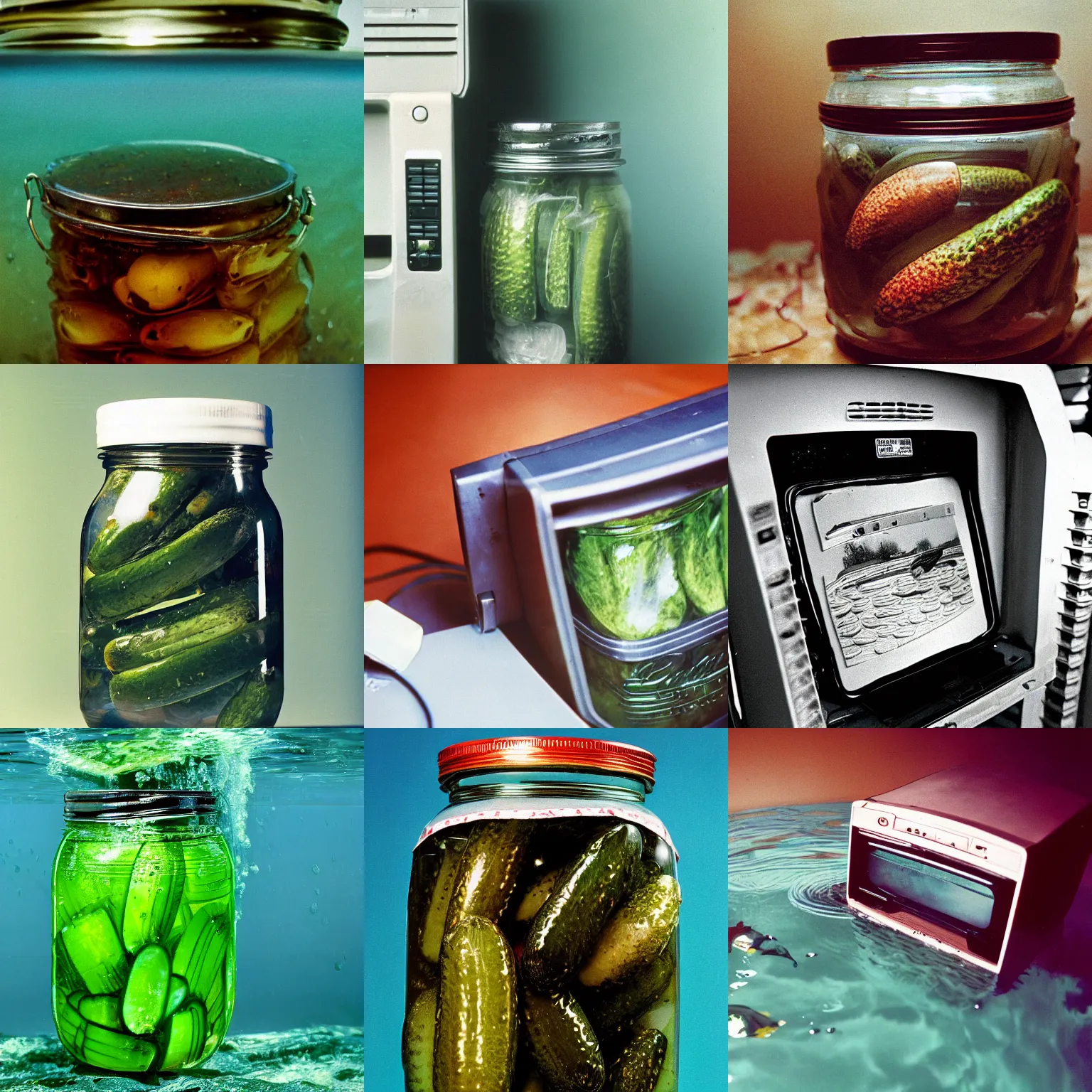 Prompt: 1 9 9 0 s desktop computer submerged in a pickle jar. magazine photography.