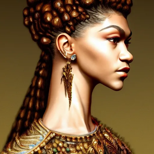 Image similar to painted portrait of zendaya wearing baroque clothing, profile view, extremely detailed, anatomically correct, hd, 8k, high quality, high res