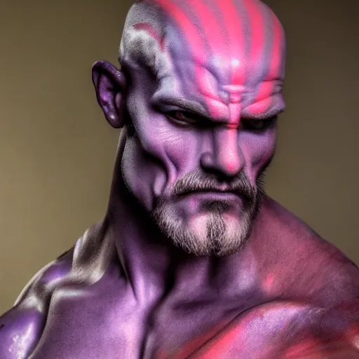 Image similar to portrait photo of bulbous large ethereal purple Kratos