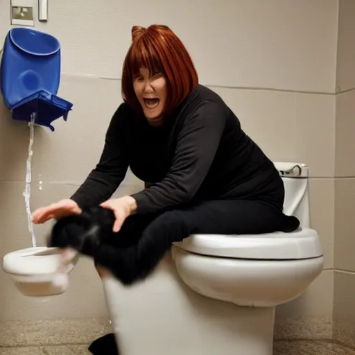 Image similar to photo of crazy cat woman at psych ward drinking water out of a toilet