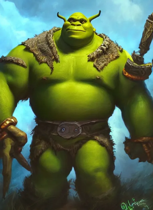 Image similar to dramatic oil painting of shrek as thrall from world of warcraft, artstation, shrek, epic, dramatic,