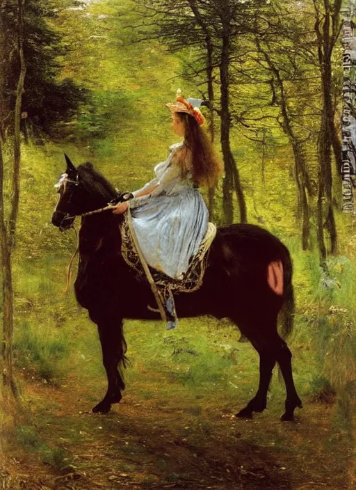 Image similar to a princess with long hair and a tall cone hat riding on a robotic horse in a lush forest, oil painting by john everett millais