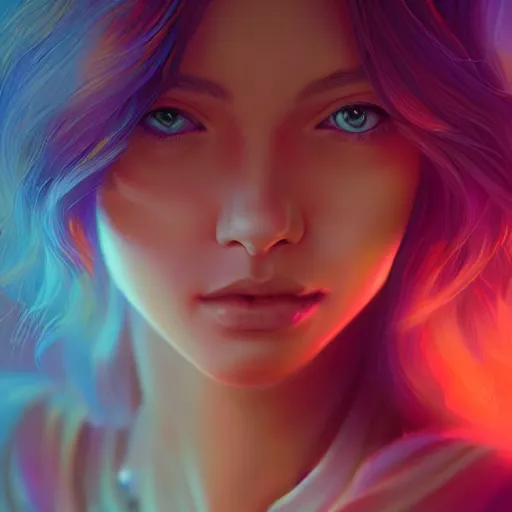 Image similar to A Stunning portrait of teen girl, art by Ross tran, vivid color palette, digital painting, 3D, octane render, post process in Photoshop, highly detailed, particles, light effect