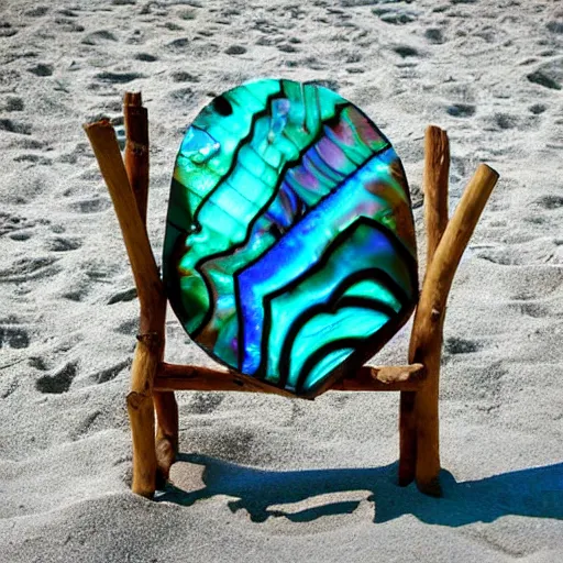 Image similar to “beach chair made of large abalone shell, driftwood, 35 mm product photo”