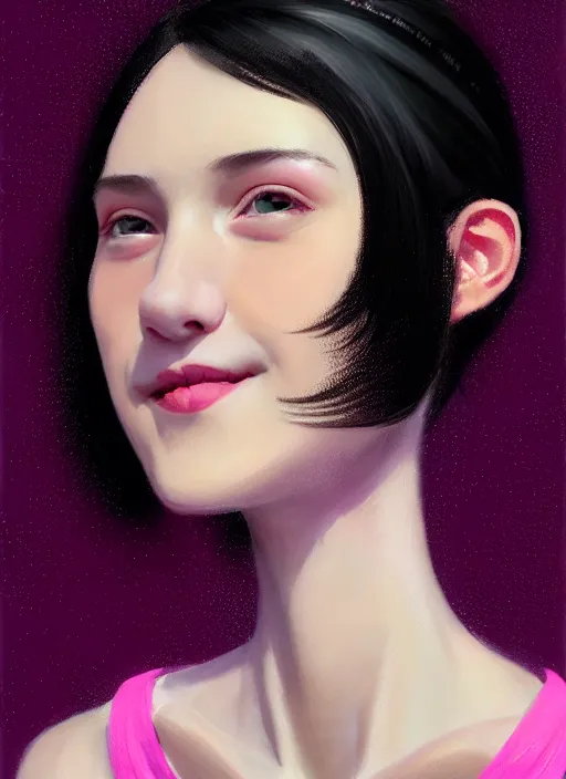 Image similar to portrait of high school girl, realistic, black hair, bangs, half updo hairstyle, pointy nose, skinny, smile, ugly, defined jawline, big chin, pink hair bow, earrings, intricate, elegant, glowing lights, highly detailed, digital painting, artstation, sharp focus, illustration, art by wlop, mars ravelo and greg rutkowski