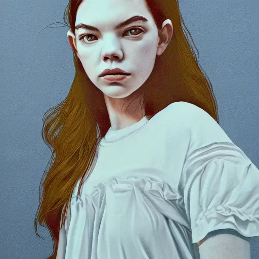 Image similar to anya taylor - joy portrait in detail in block colour by james jean,