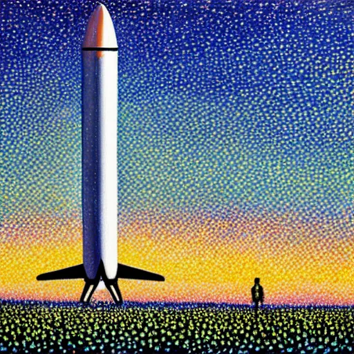 Image similar to spacex starship rocket landing in a field of flowers at sunset, pointillism painting