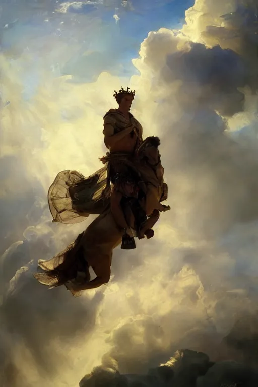 Image similar to beautiful detailed expressive impressionistic oil painting portrait of ancient roman god emperor steve buscemi ascending into the clouds wearing the civic crown, renaissance painting, art by anders zorn, wonderful masterpiece by greg rutkowski, expressive brush strokes, beautiful cinematic light, american romanticism by greg manchess, jessica rossier