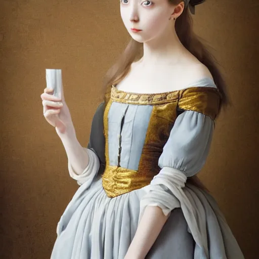 Prompt: Young lady full length shot wearing renaissance pale grey and white dress in the style of manga baroque realism 8K, background renaissance paintings with gold